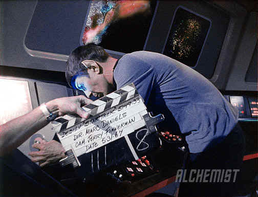 Note the reflection of the set lights on Spock's station.